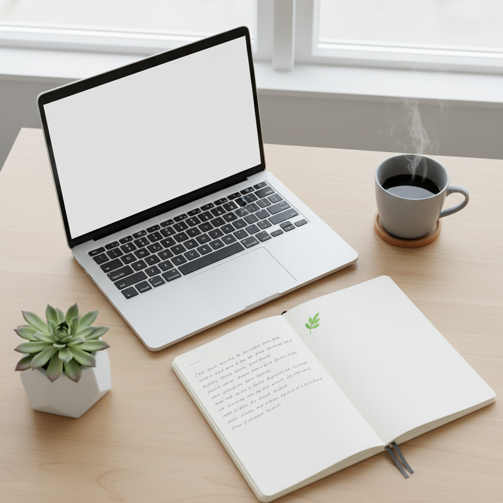 A minimalist desk with a laptop and notebook, representing a clean start for a professional career.