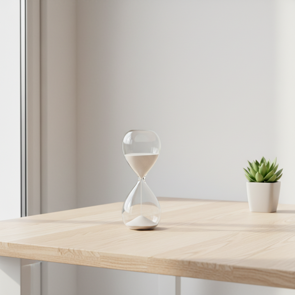 A minimalist hourglass on a wooden desk with soft lighting, symbolizing the gradual passage of time and energy.