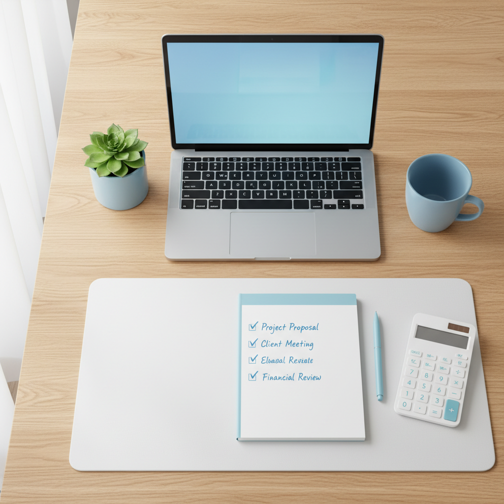 A professional desk setup with a calculator and a checklist representing a job offer evaluation process.