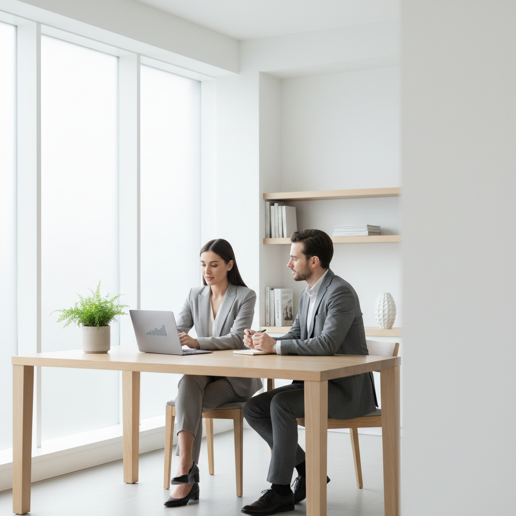A professional person having a calm, constructive conversation with their manager in a bright office.
