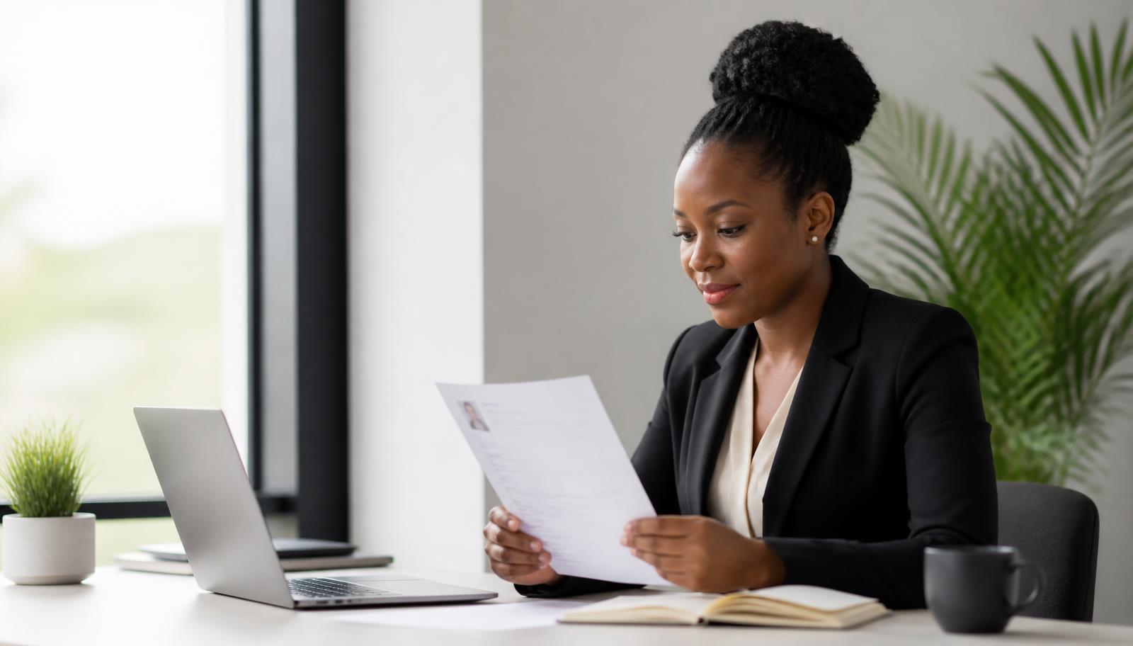 A clean, professional workspace with a laptop and glasses, symbolizing a well-organized job application process.