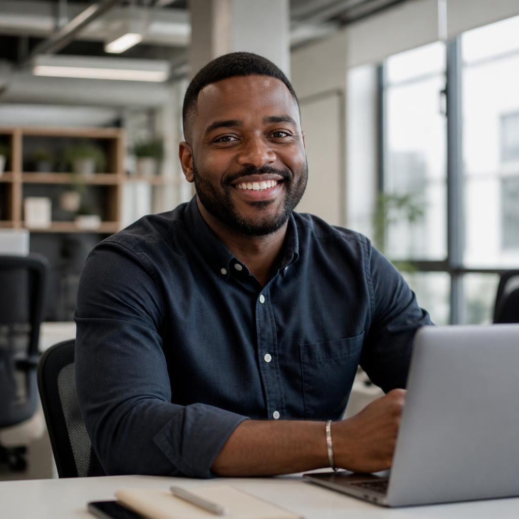 A Black office worker smiling during a lunch-break game session at HappyWorka